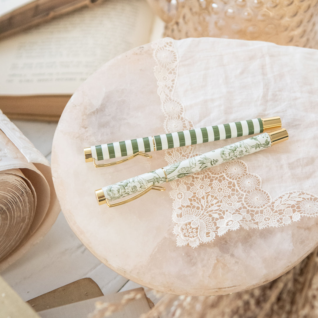 Green Floral Metal Pen Set