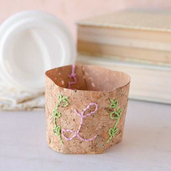 Embroidered Cork Coffee Cup Cozy Project