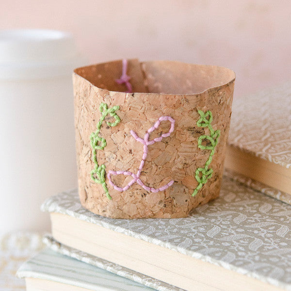 Embroidered Cork Coffee Cup Cozy Project