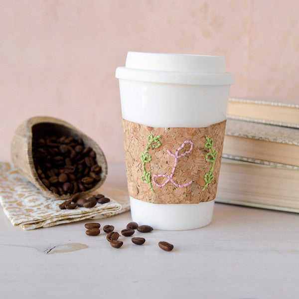 Embroidered Cork Coffee Cup Cozy Project