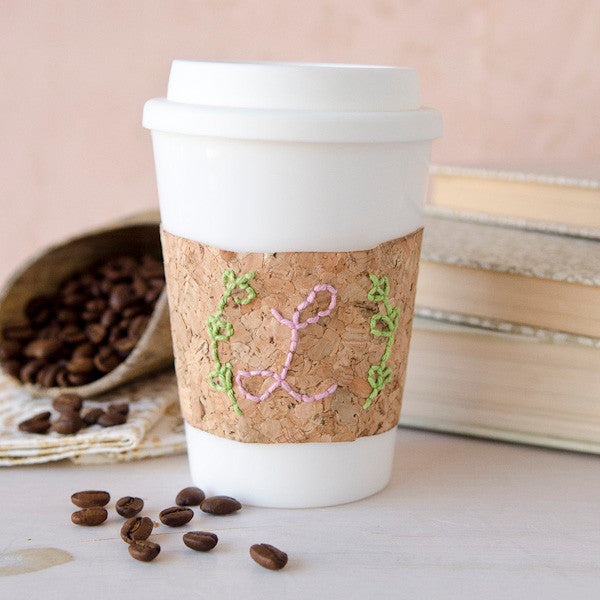 Embroidered Cork Coffee Cup Cozy Project