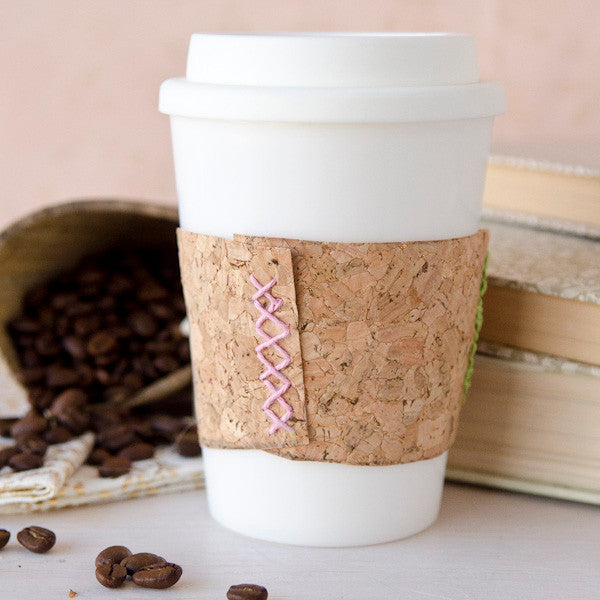 Embroidered Cork Coffee Cup Cozy Project