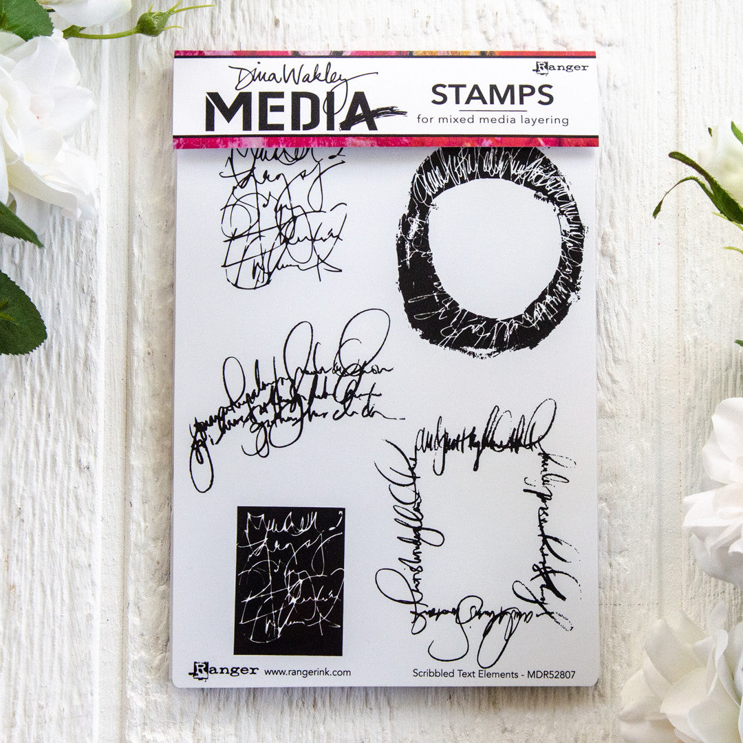 Dina Wakley Media Scribbled Text Elements Cling Stamp Set EXP