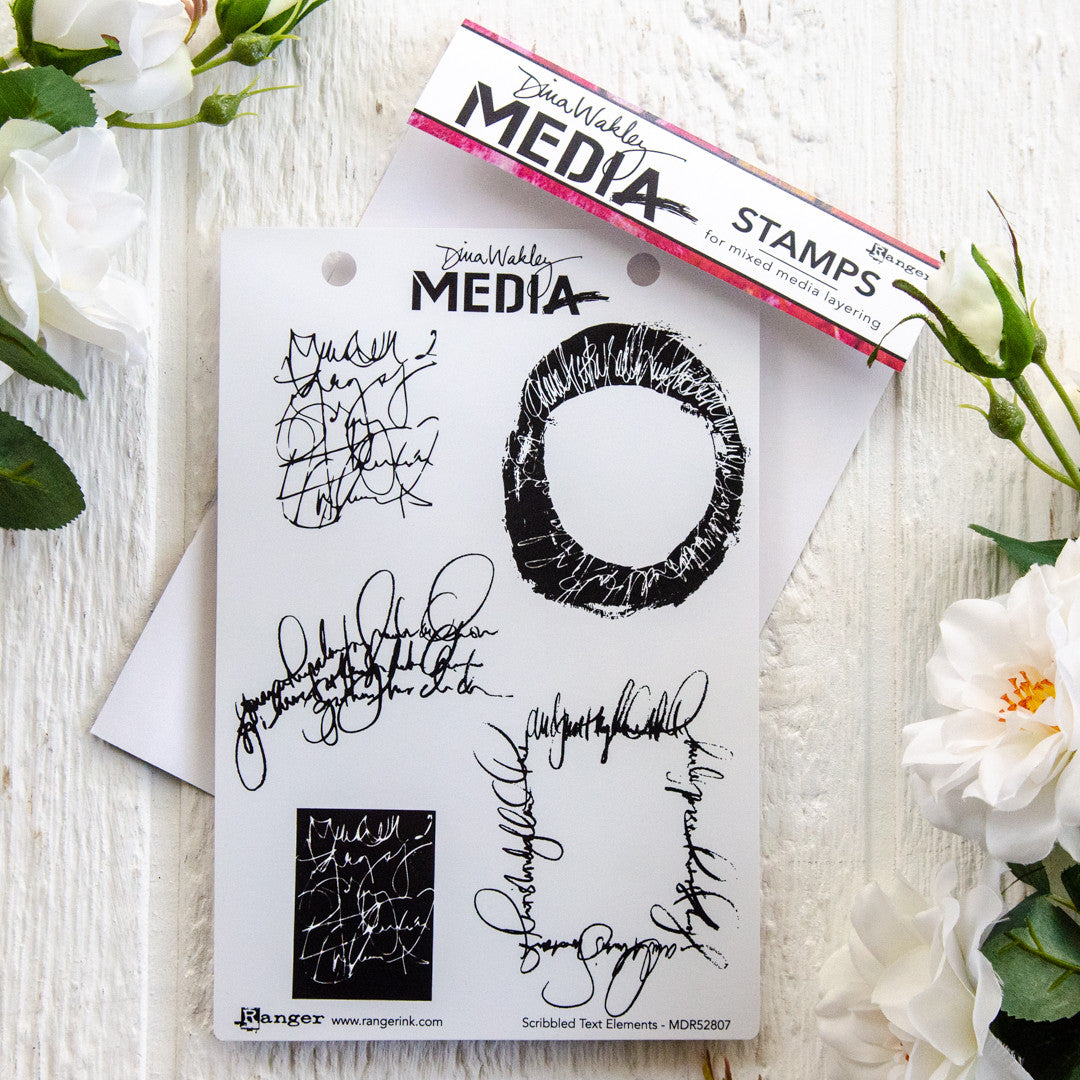 Dina Wakley Media Scribbled Text Elements Cling Stamp Set EXP