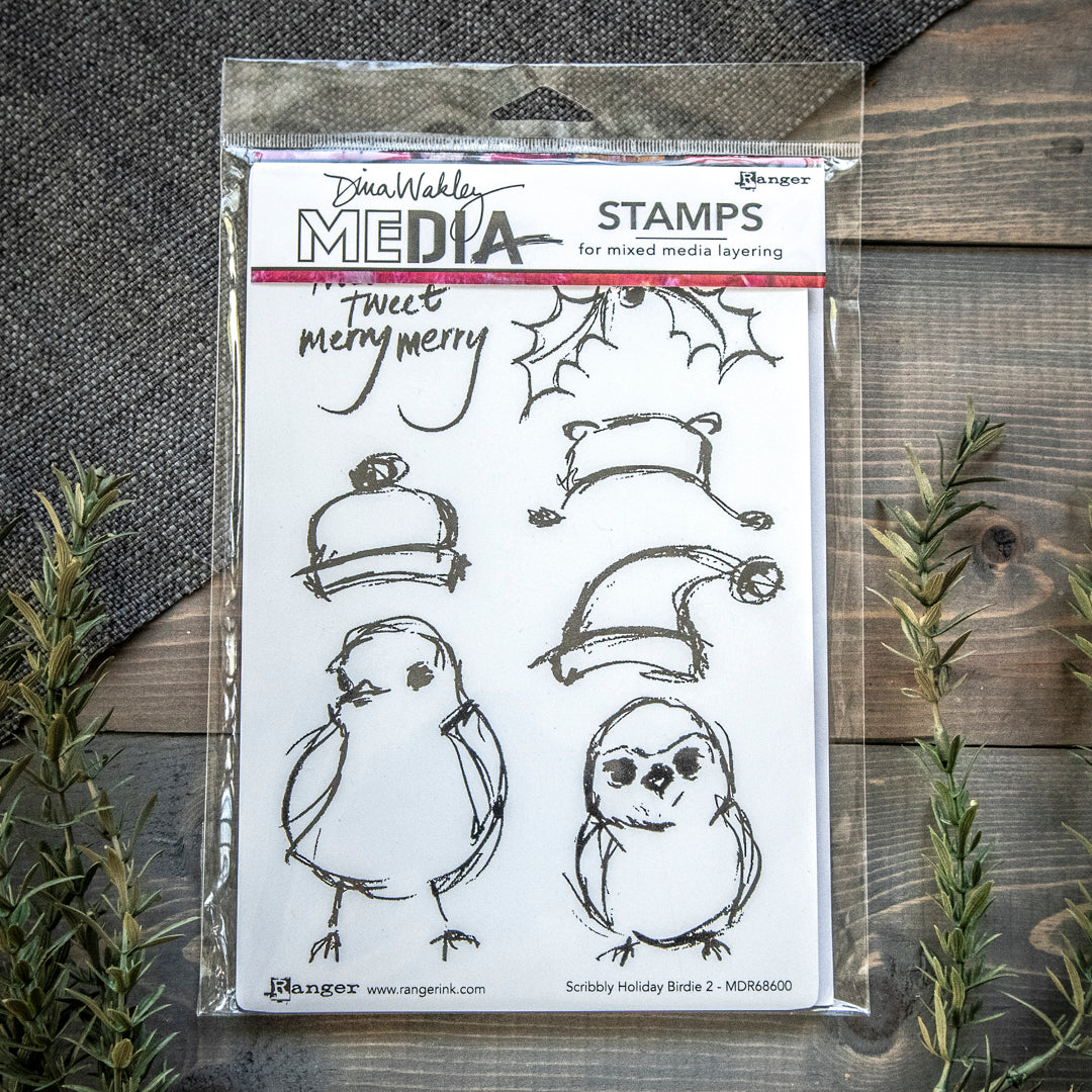 Dina Wakley Scribbly Holiday Birdie Stramp Set 2 by Ranger Ink