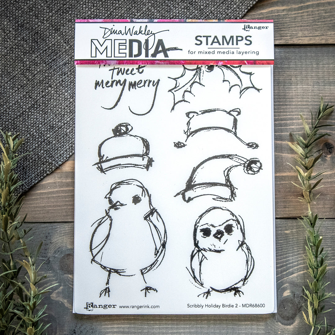 Dina Wakley Scribbly Holiday Birdie Stramp Set 2 by Ranger Ink