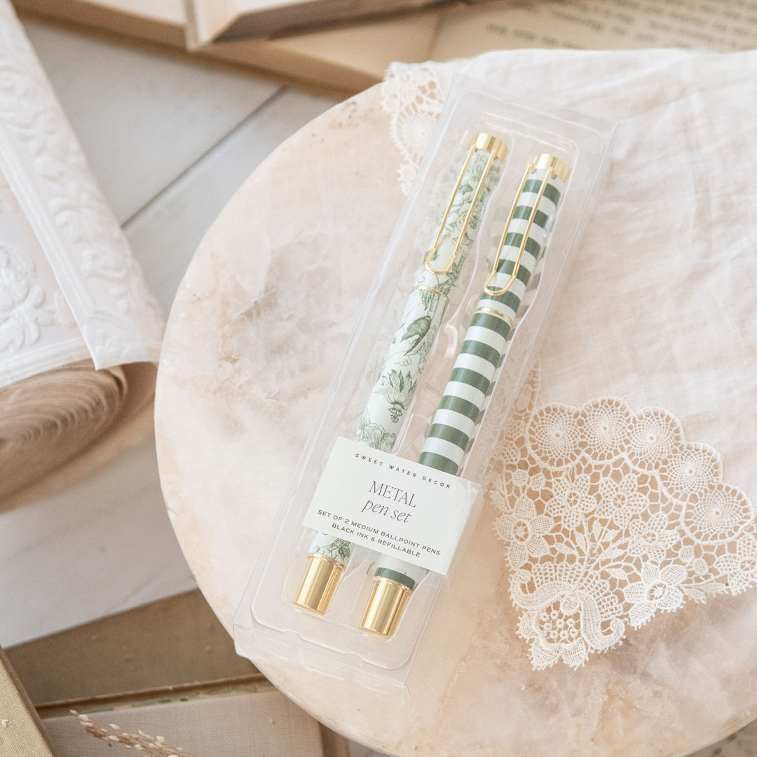 Green Floral Metal Pen Set