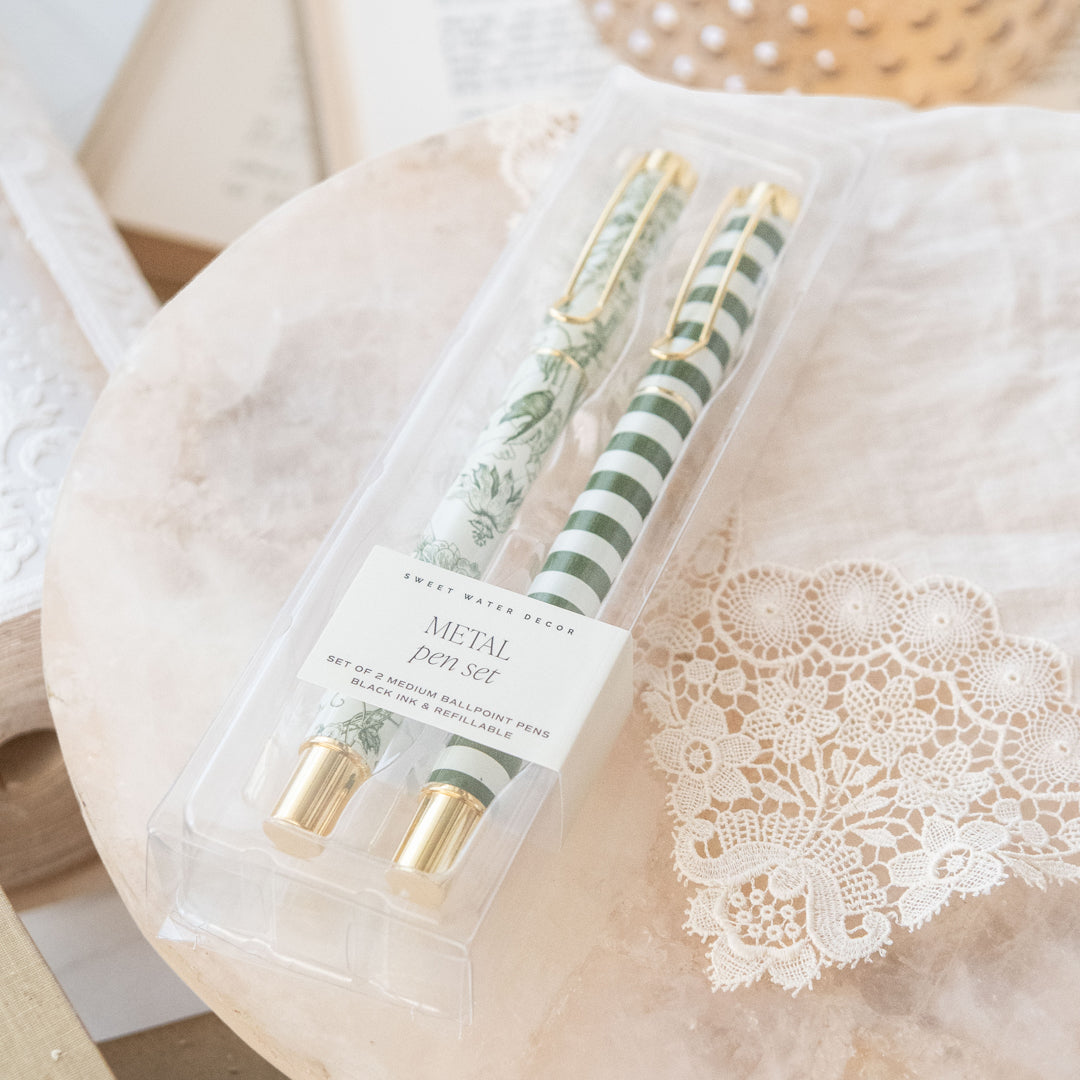 Green Floral Metal Pen Set