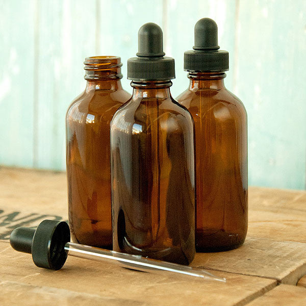 Amber Boston Round Glass Bottles 4 oz w/Dropper - Kit of 3